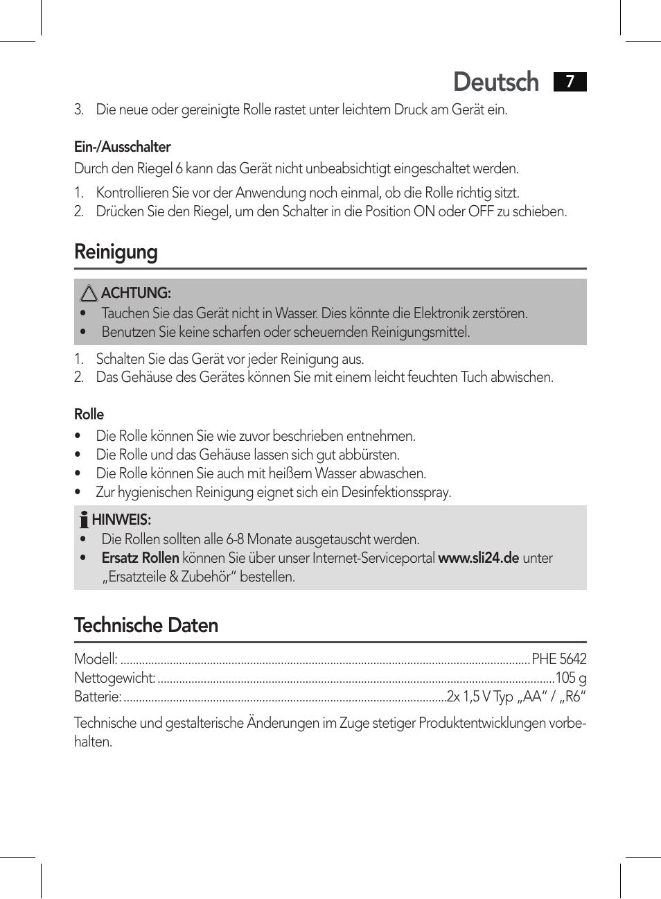 Deutsch, Reinigung, Technische daten | AEG PHE 5642 User Manual | Page 7 / 58