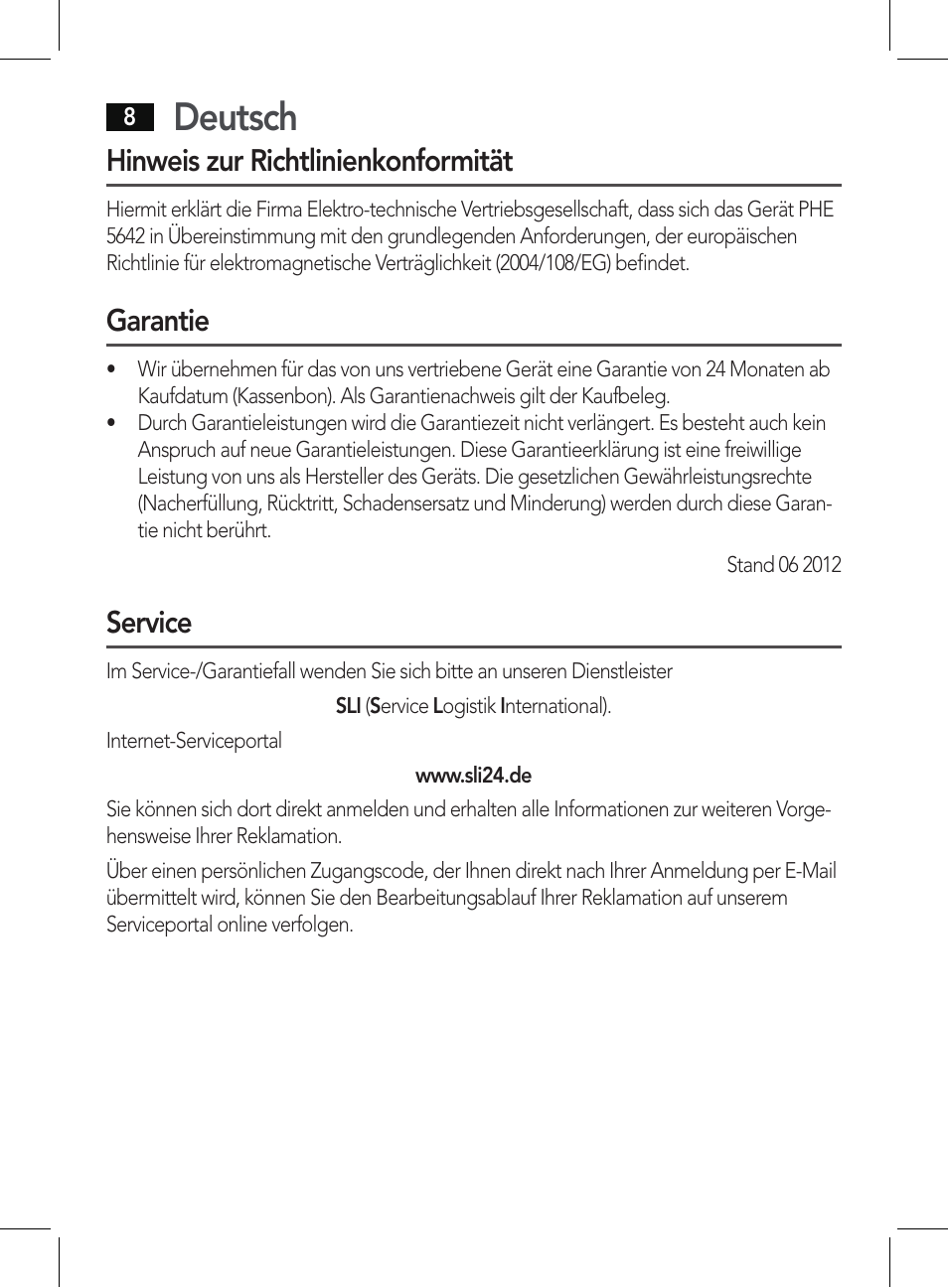 Deutsch, Hinweis zur richtlinienkonformität, Garantie | Service | AEG PHE 5642 User Manual | Page 8 / 58