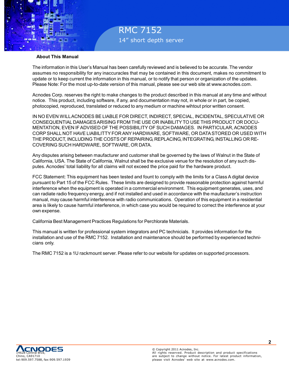 Pc 5150, Rmc 7152 | Acnodes RMC 7152 User Manual | Page 2 / 68