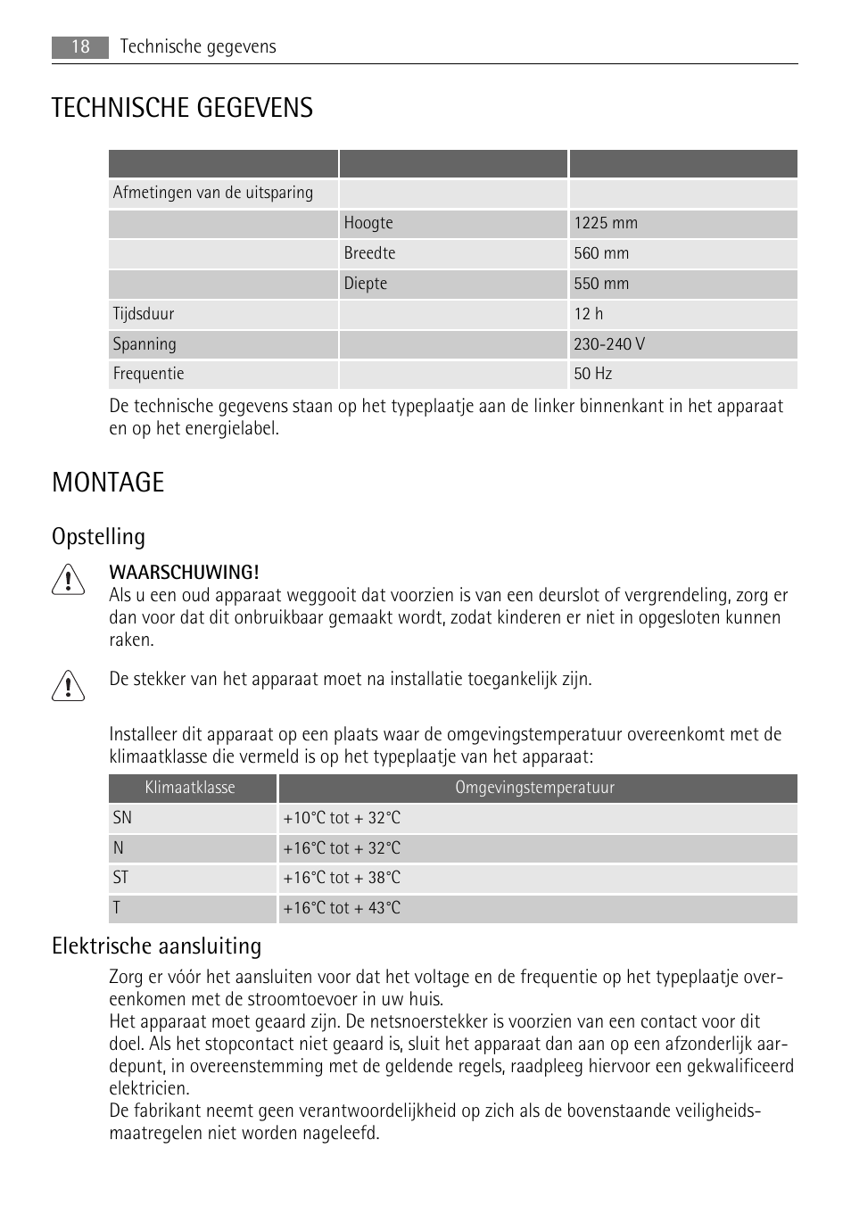 Technische gegevens, Montage, Opstelling | Elektrische aansluiting | AEG SKS91200F0 User Manual | Page 18 / 84