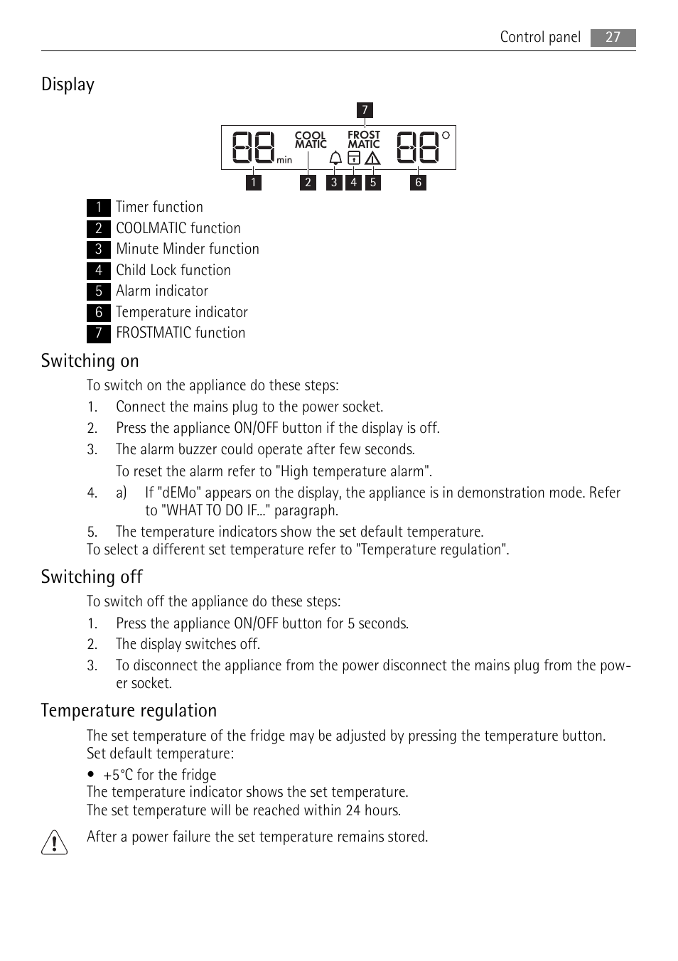 Display, Switching on, Switching off | Temperature regulation | AEG SKS91200F0 User Manual | Page 27 / 84