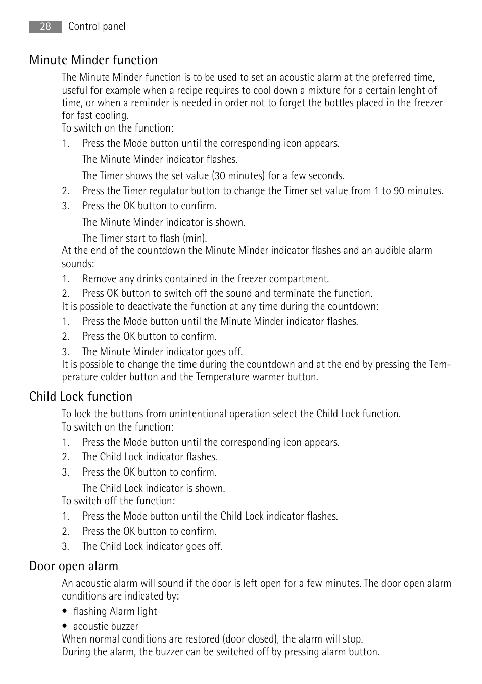 Minute minder function, Child lock function, Door open alarm | AEG SKS91200F0 User Manual | Page 28 / 84