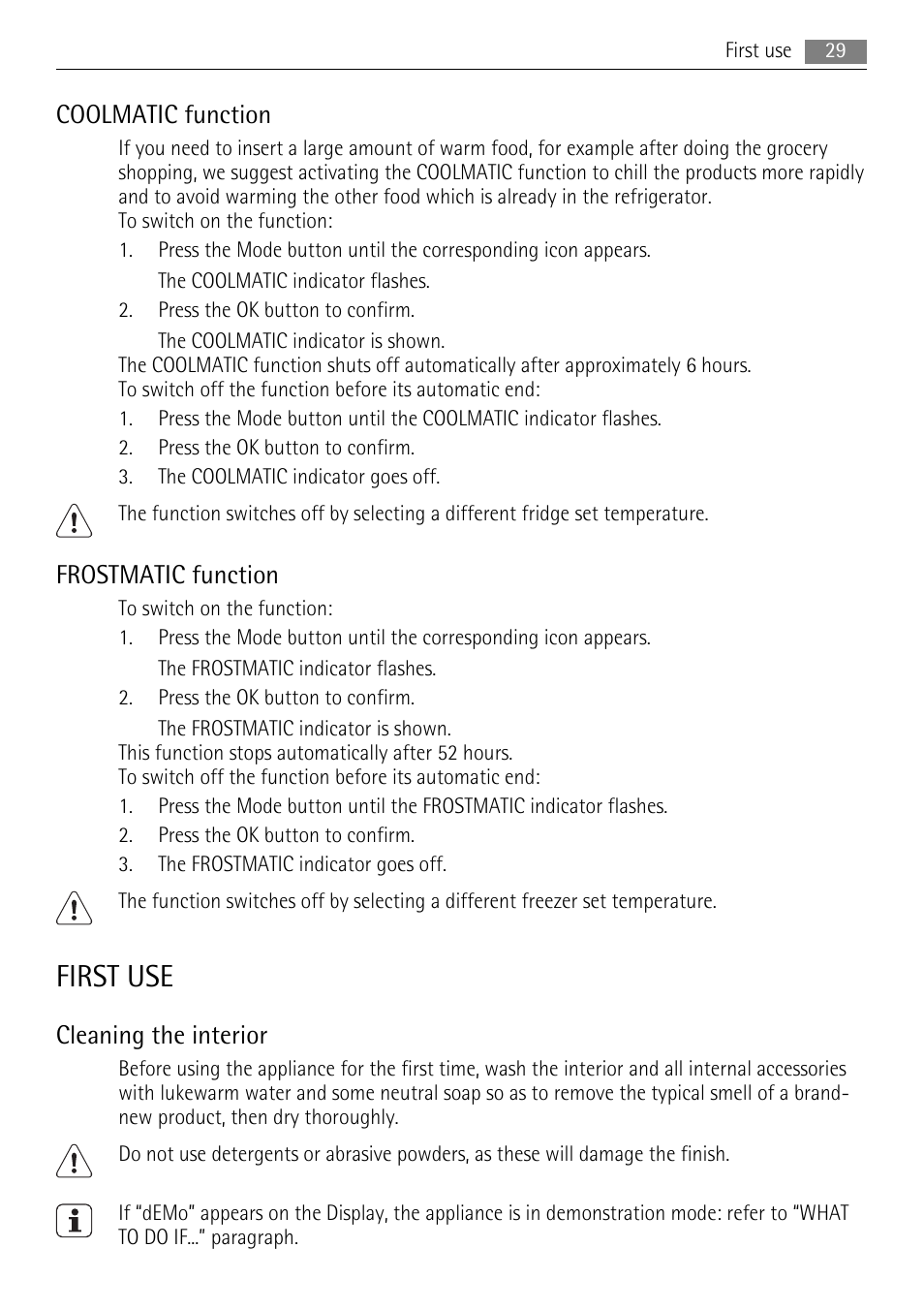 First use, Coolmatic function, Frostmatic function | Cleaning the interior | AEG SKS91200F0 User Manual | Page 29 / 84