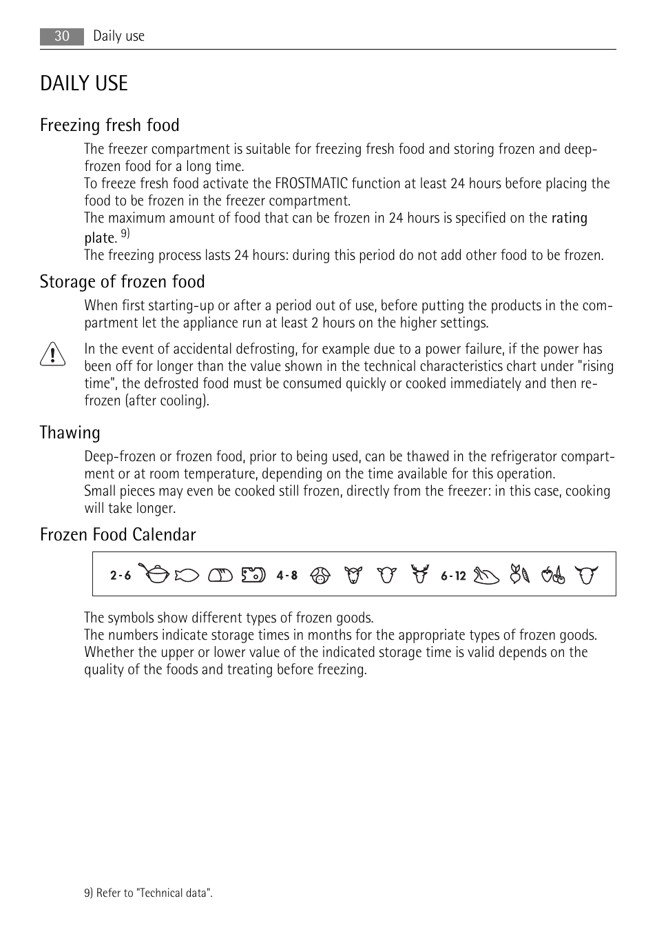 Daily use, Freezing fresh food, Storage of frozen food | Thawing, Frozen food calendar | AEG SKS91200F0 User Manual | Page 30 / 84