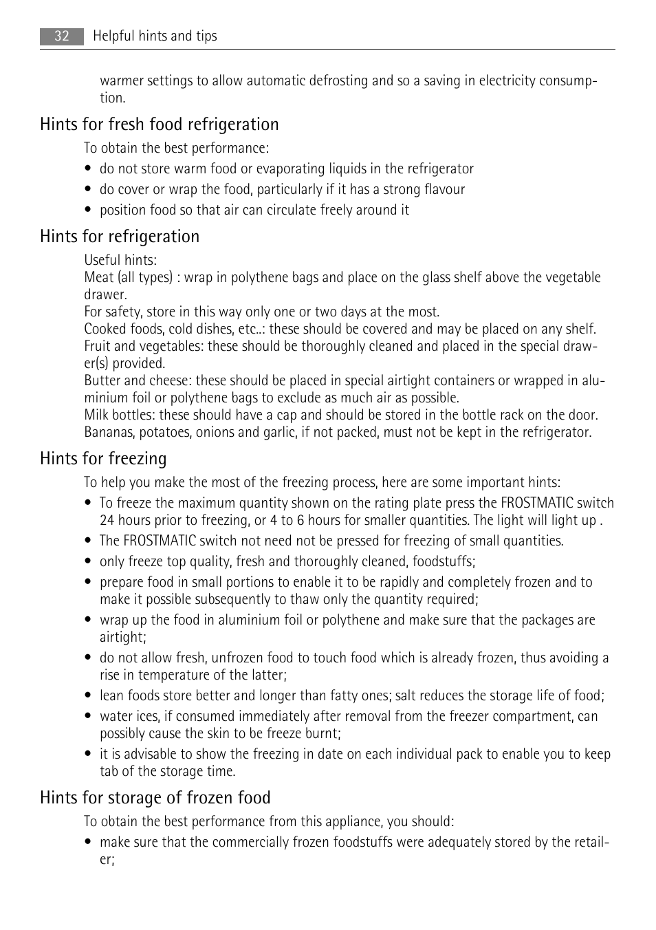 Hints for fresh food refrigeration, Hints for refrigeration, Hints for freezing | Hints for storage of frozen food | AEG SKS91200F0 User Manual | Page 32 / 84