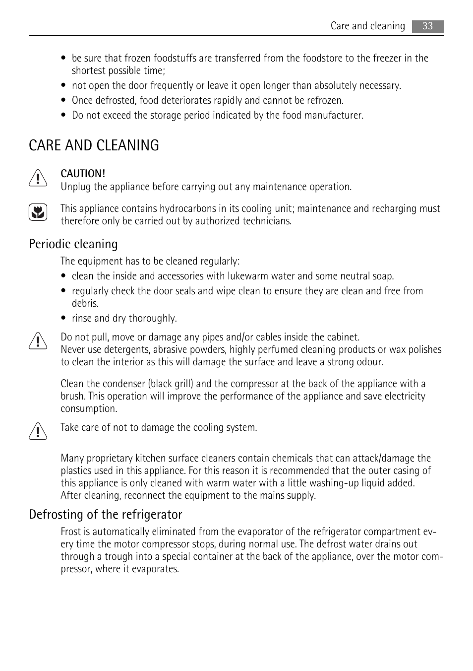 Care and cleaning, Periodic cleaning, Defrosting of the refrigerator | AEG SKS91200F0 User Manual | Page 33 / 84