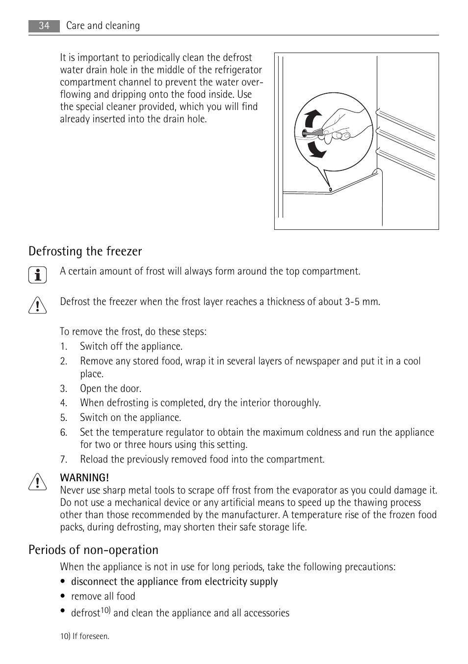 Defrosting the freezer, Periods of non-operation | AEG SKS91200F0 User Manual | Page 34 / 84