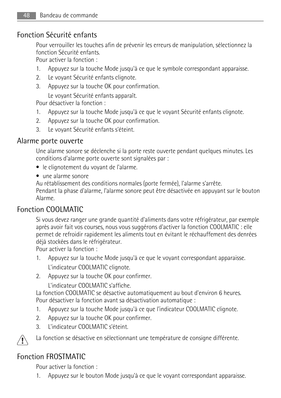 Fonction sécurité enfants, Alarme porte ouverte, Fonction coolmatic | Fonction frostmatic | AEG SKS91200F0 User Manual | Page 48 / 84