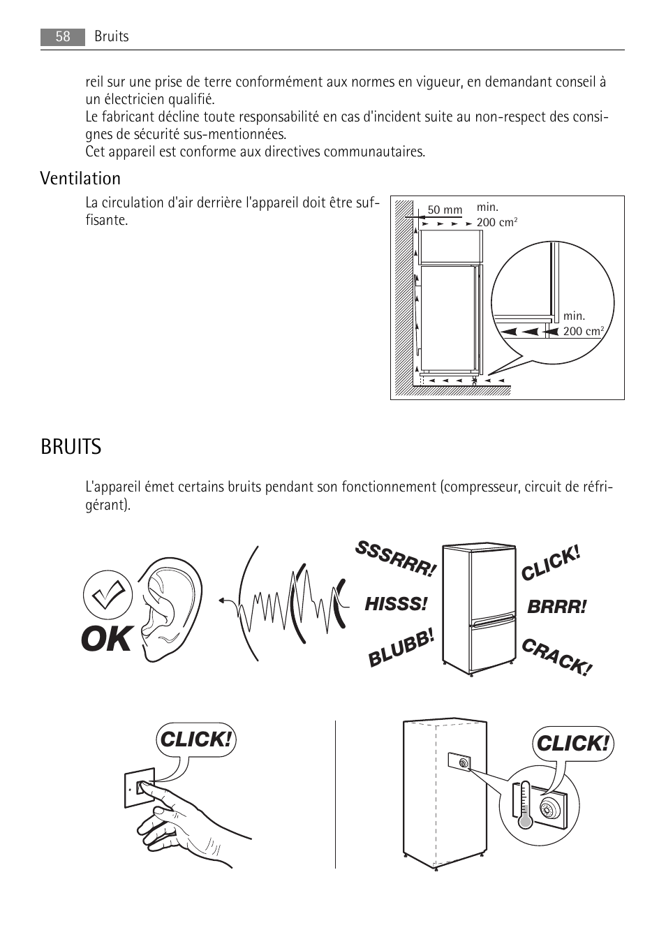 Bruits, Click, Ventilation | AEG SKS91200F0 User Manual | Page 58 / 84