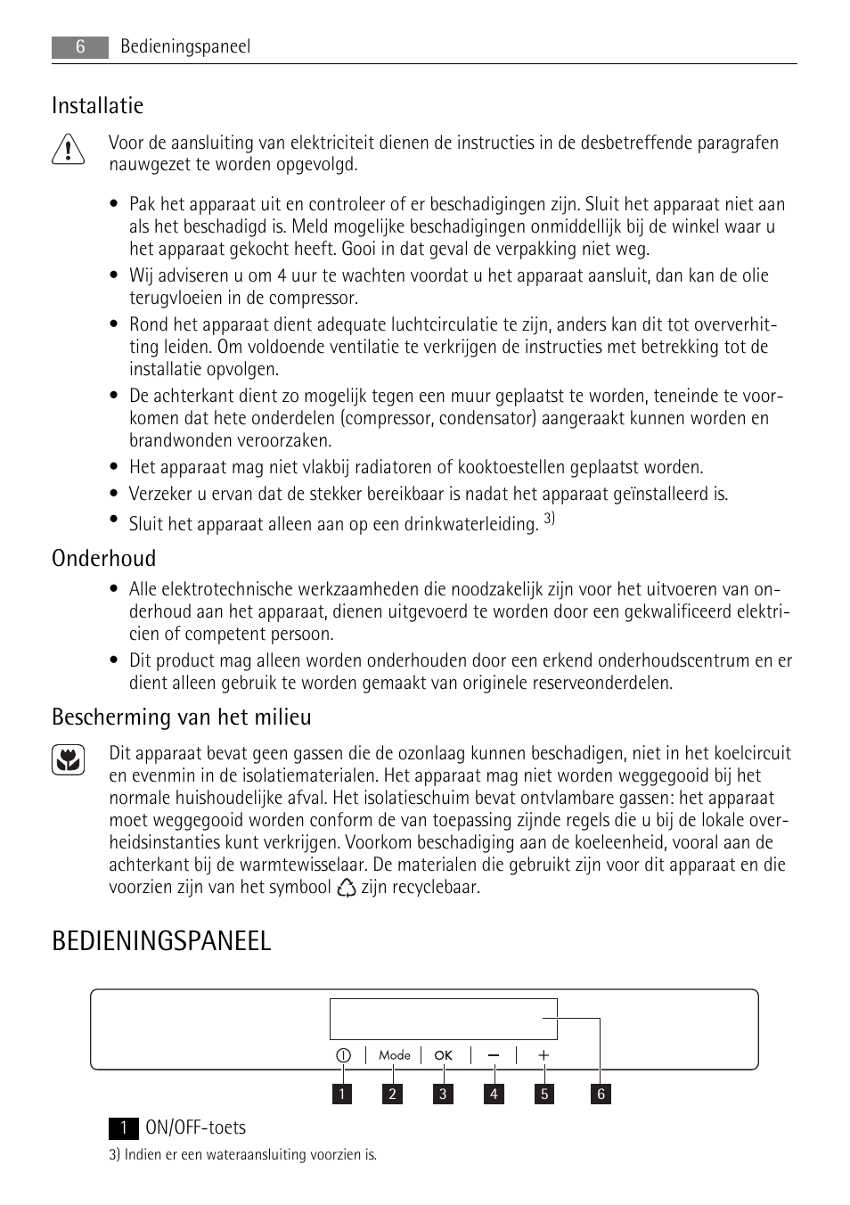 Bedieningspaneel, Installatie, Onderhoud | Bescherming van het milieu | AEG SKS91200F0 User Manual | Page 6 / 84