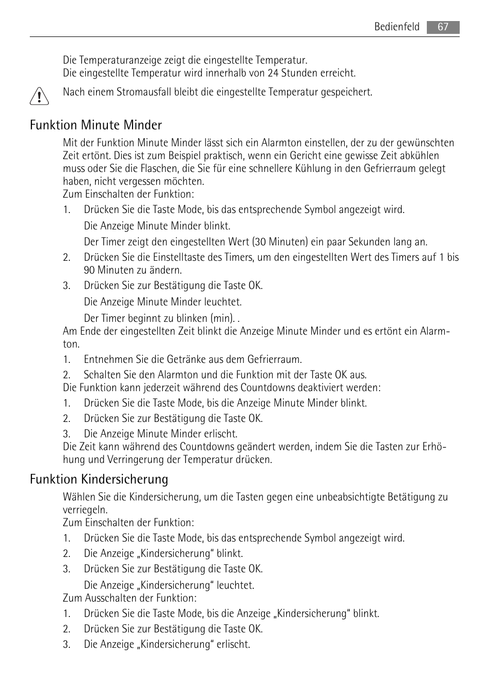 Funktion minute minder, Funktion kindersicherung | AEG SKS91200F0 User Manual | Page 67 / 84