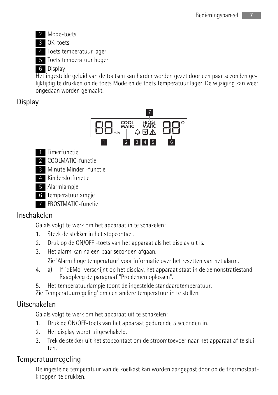 Display, Inschakelen, Uitschakelen | Temperatuurregeling | AEG SKS91200F0 User Manual | Page 7 / 84