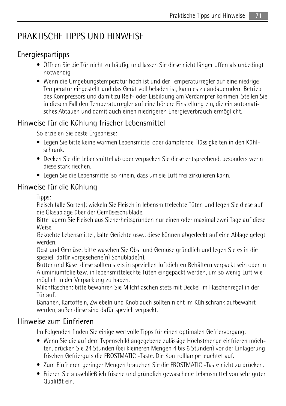 Praktische tipps und hinweise, Energiespartipps, Hinweise für die kühlung frischer lebensmittel | Hinweise für die kühlung, Hinweise zum einfrieren | AEG SKS91200F0 User Manual | Page 71 / 84