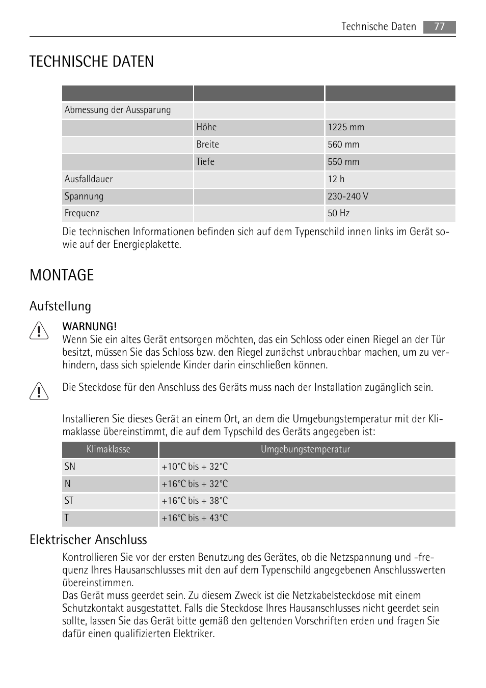 Technische daten, Montage, Aufstellung | Elektrischer anschluss | AEG SKS91200F0 User Manual | Page 77 / 84