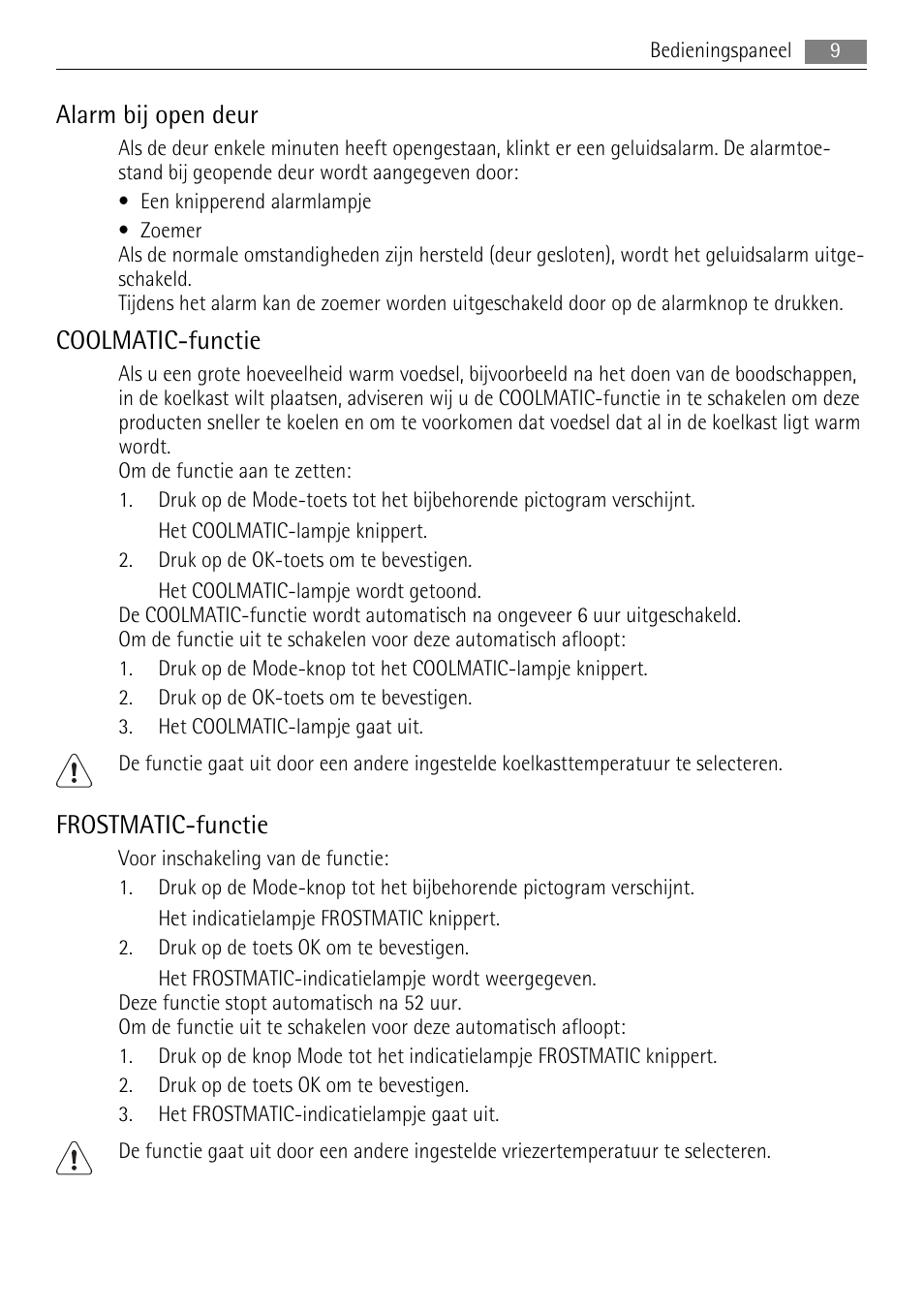 Alarm bij open deur, Coolmatic-functie, Frostmatic-functie | AEG SKS91200F0 User Manual | Page 9 / 84