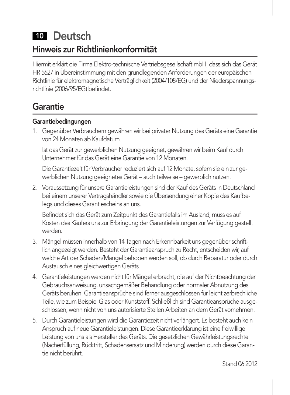 Deutsch, Hinweis zur richtlinienkonformität, Garantie | AEG HR 5627 User Manual | Page 10 / 82