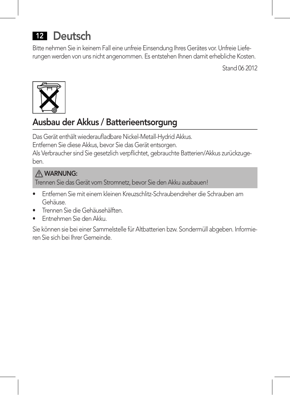 Deutsch, Ausbau der akkus / batterieentsorgung | AEG HR 5627 User Manual | Page 12 / 82