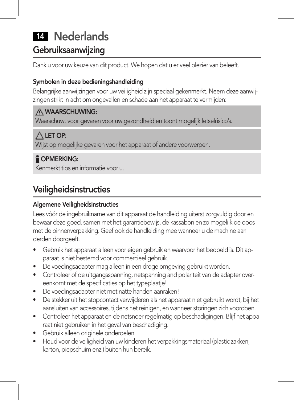 Nederlands, Gebruiksaanwijzing, Veiligheidsinstructies | AEG HR 5627 User Manual | Page 14 / 82