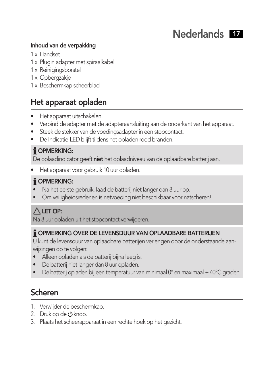 Nederlands, Het apparaat opladen, Scheren | AEG HR 5627 User Manual | Page 17 / 82