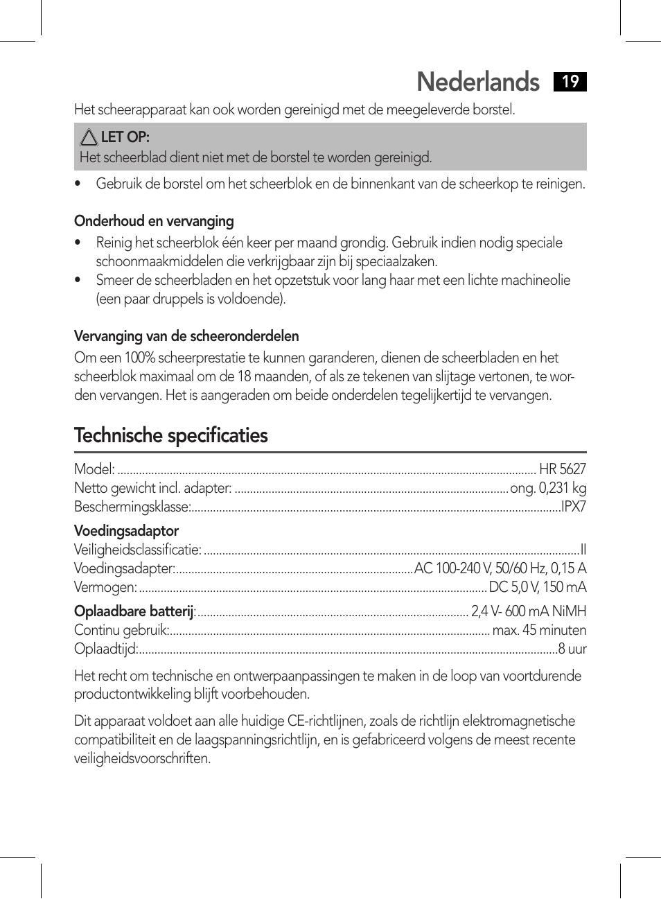 Nederlands, Technische specificaties | AEG HR 5627 User Manual | Page 19 / 82