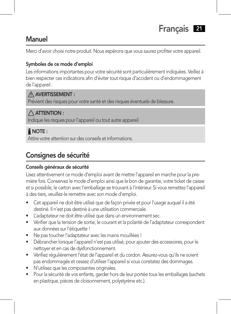 Français, Manuel, Consignes de sécurité | AEG HR 5627 User Manual | Page 21 / 82