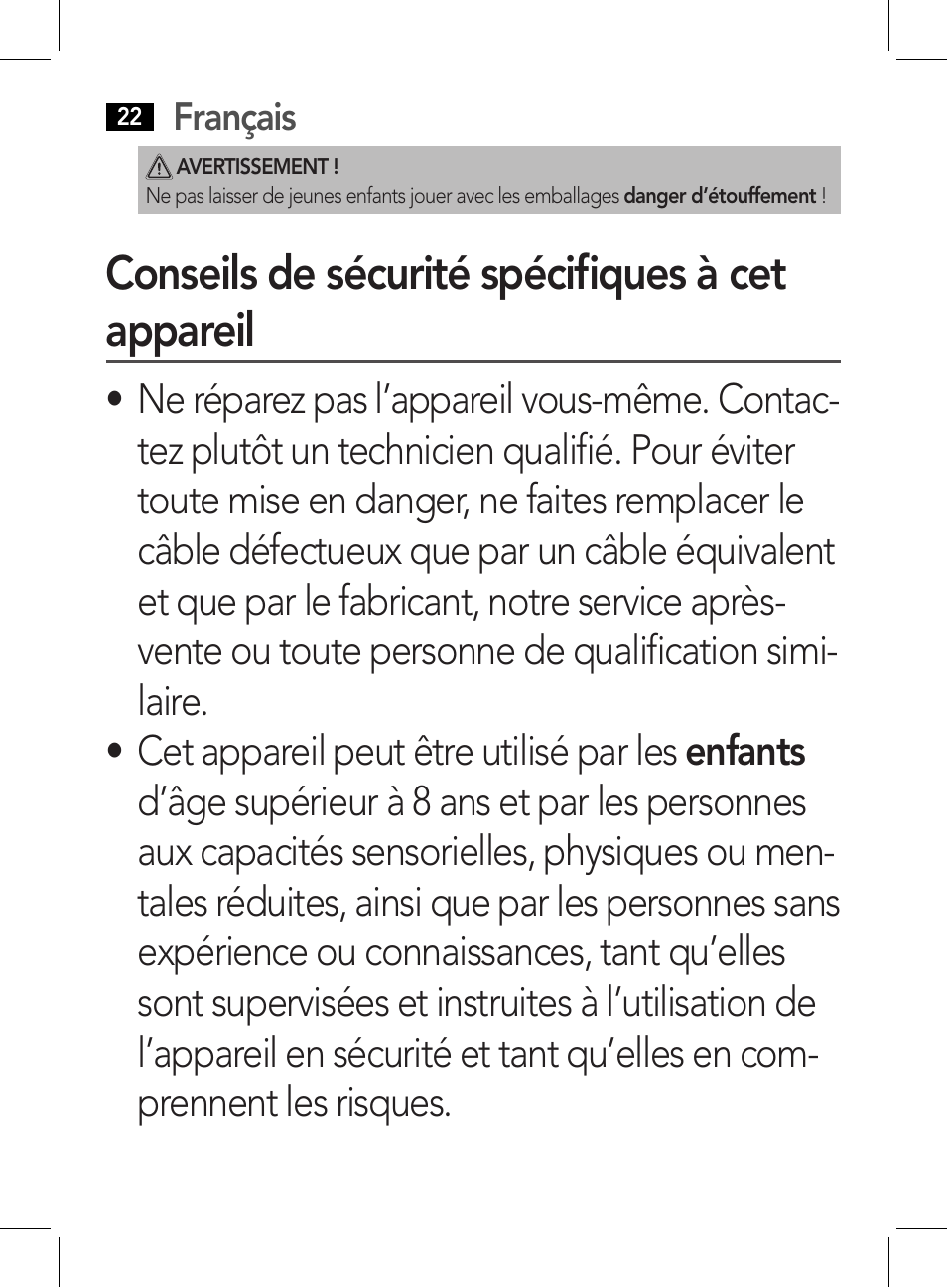 Conseils de sécurité spécifiques à cet appareil, Français | AEG HR 5627 User Manual | Page 22 / 82