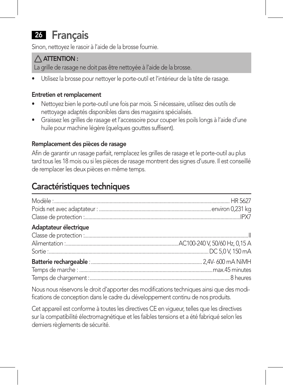 Français, Caractéristiques techniques | AEG HR 5627 User Manual | Page 26 / 82