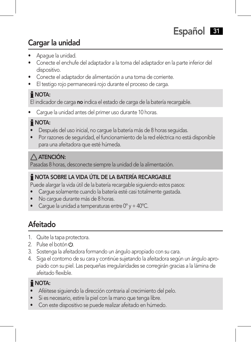 Español, Cargar la unidad, Afeitado | AEG HR 5627 User Manual | Page 31 / 82