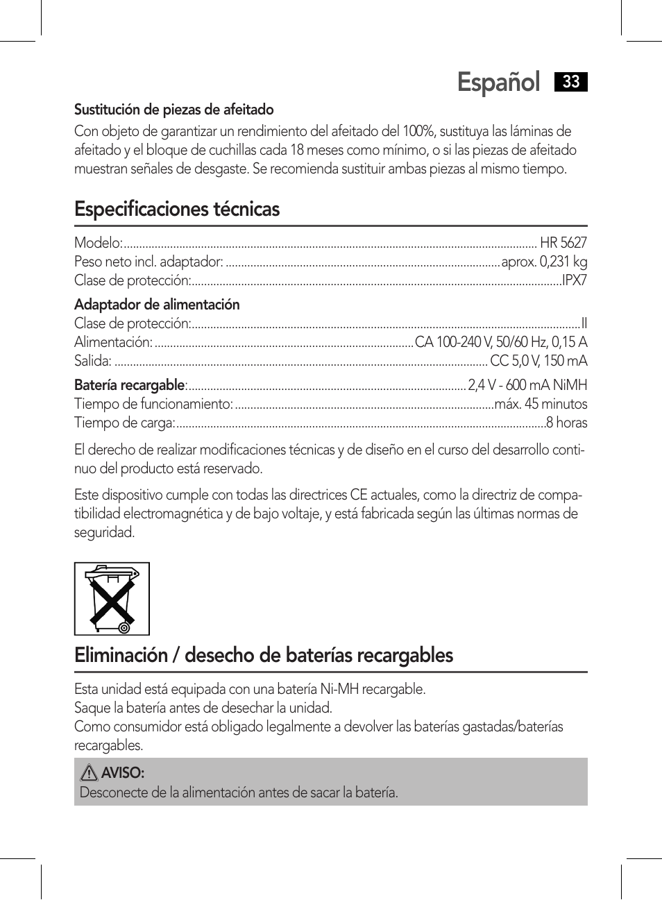 Español, Especificaciones técnicas, Eliminación / desecho de baterías recargables | AEG HR 5627 User Manual | Page 33 / 82