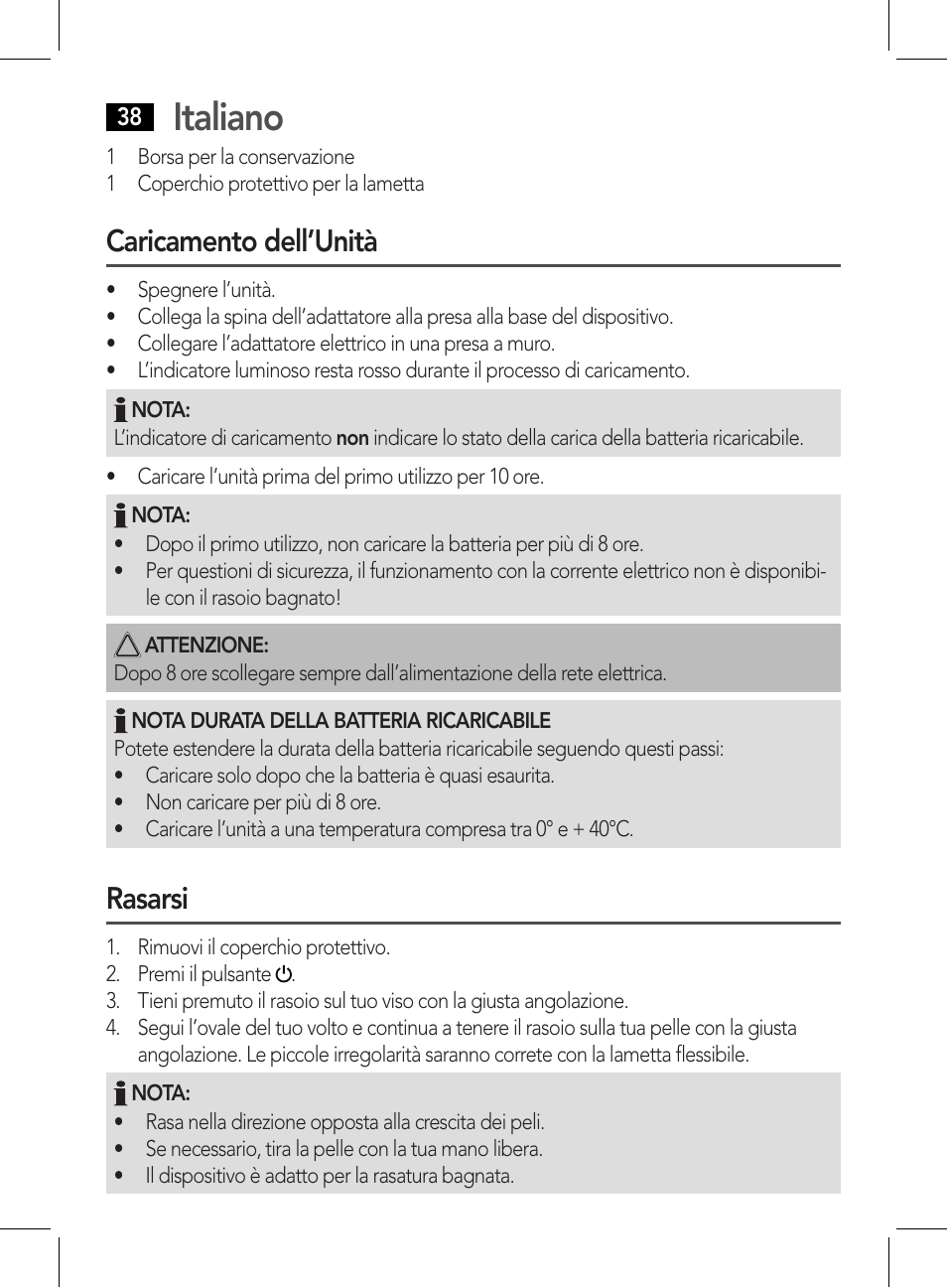 Italiano, Caricamento dell’unità, Rasarsi | AEG HR 5627 User Manual | Page 38 / 82