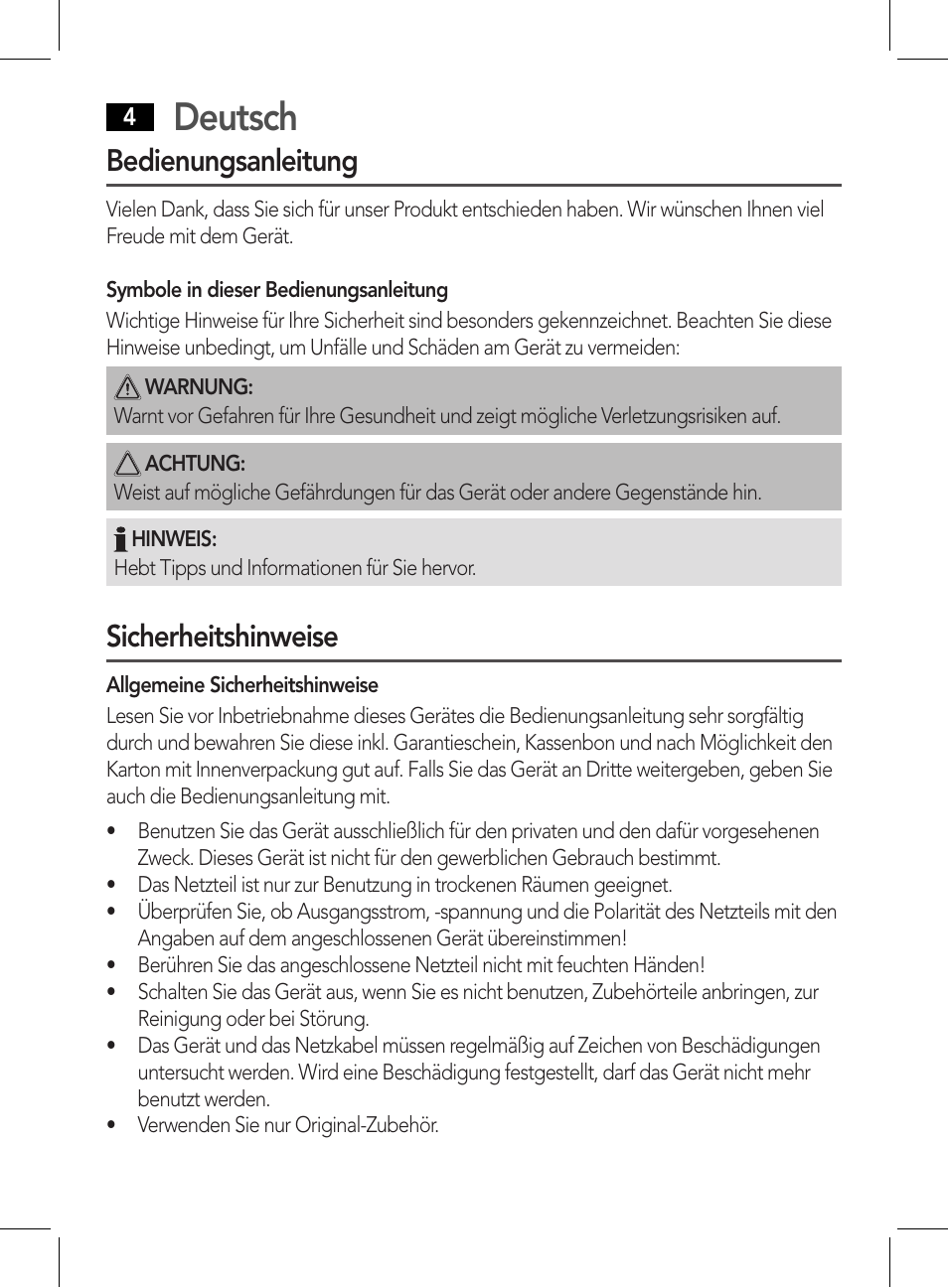 Deutsch, Bedienungsanleitung, Sicherheitshinweise | AEG HR 5627 User Manual | Page 4 / 82