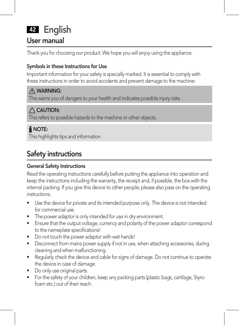 English, User manual, Safety instructions | AEG HR 5627 User Manual | Page 42 / 82