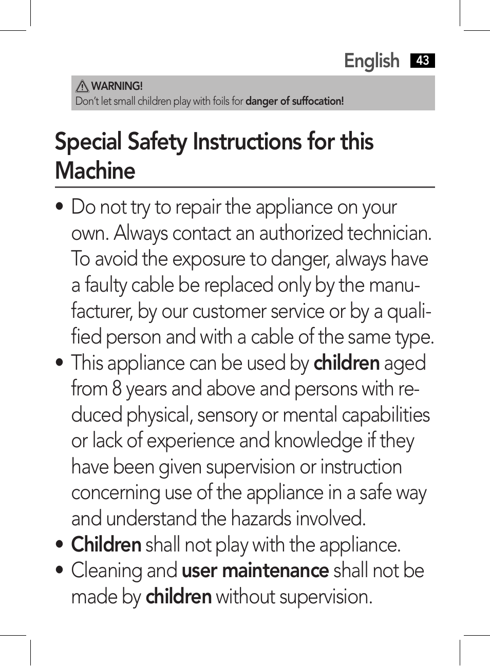 Special safety instructions for this machine | AEG HR 5627 User Manual | Page 43 / 82