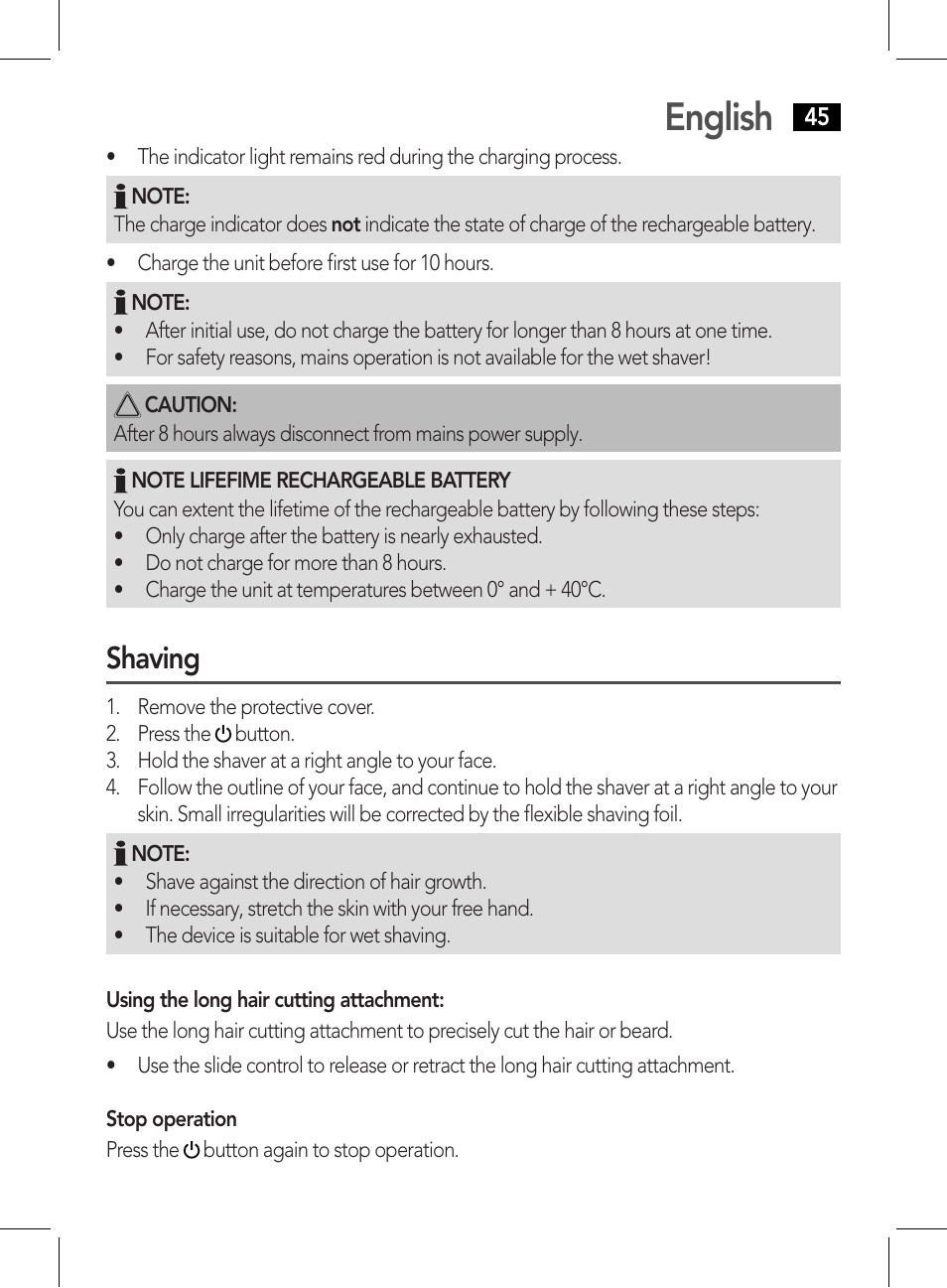 English, Shaving | AEG HR 5627 User Manual | Page 45 / 82