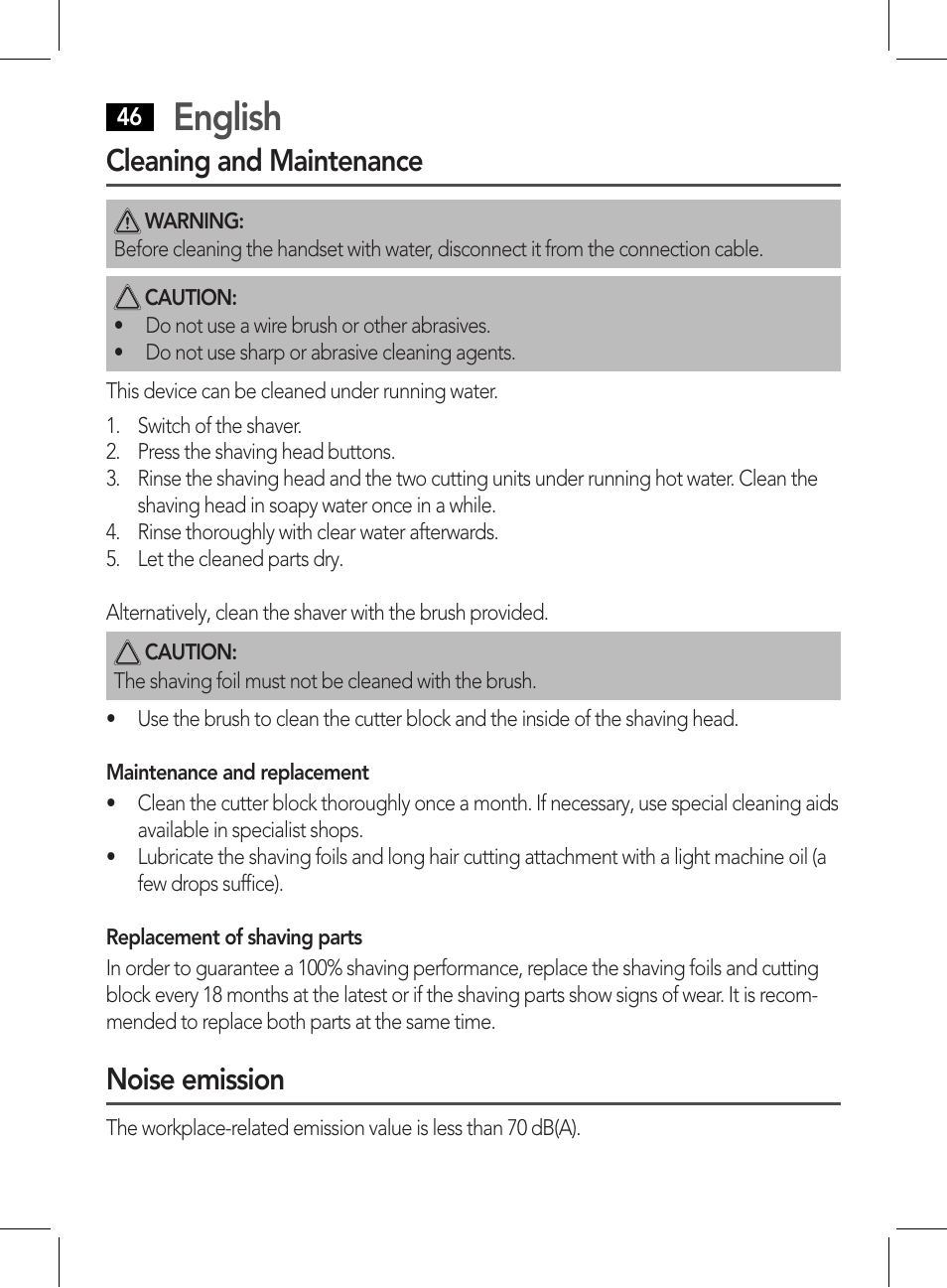English, Cleaning and maintenance, Noise emission | AEG HR 5627 User Manual | Page 46 / 82