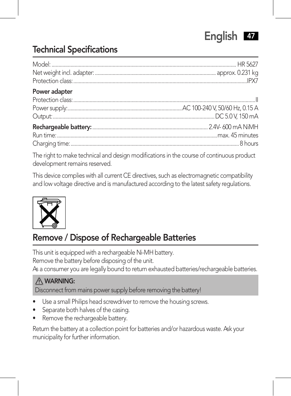 English, Technical specifications, Remove / dispose of rechargeable batteries | AEG HR 5627 User Manual | Page 47 / 82