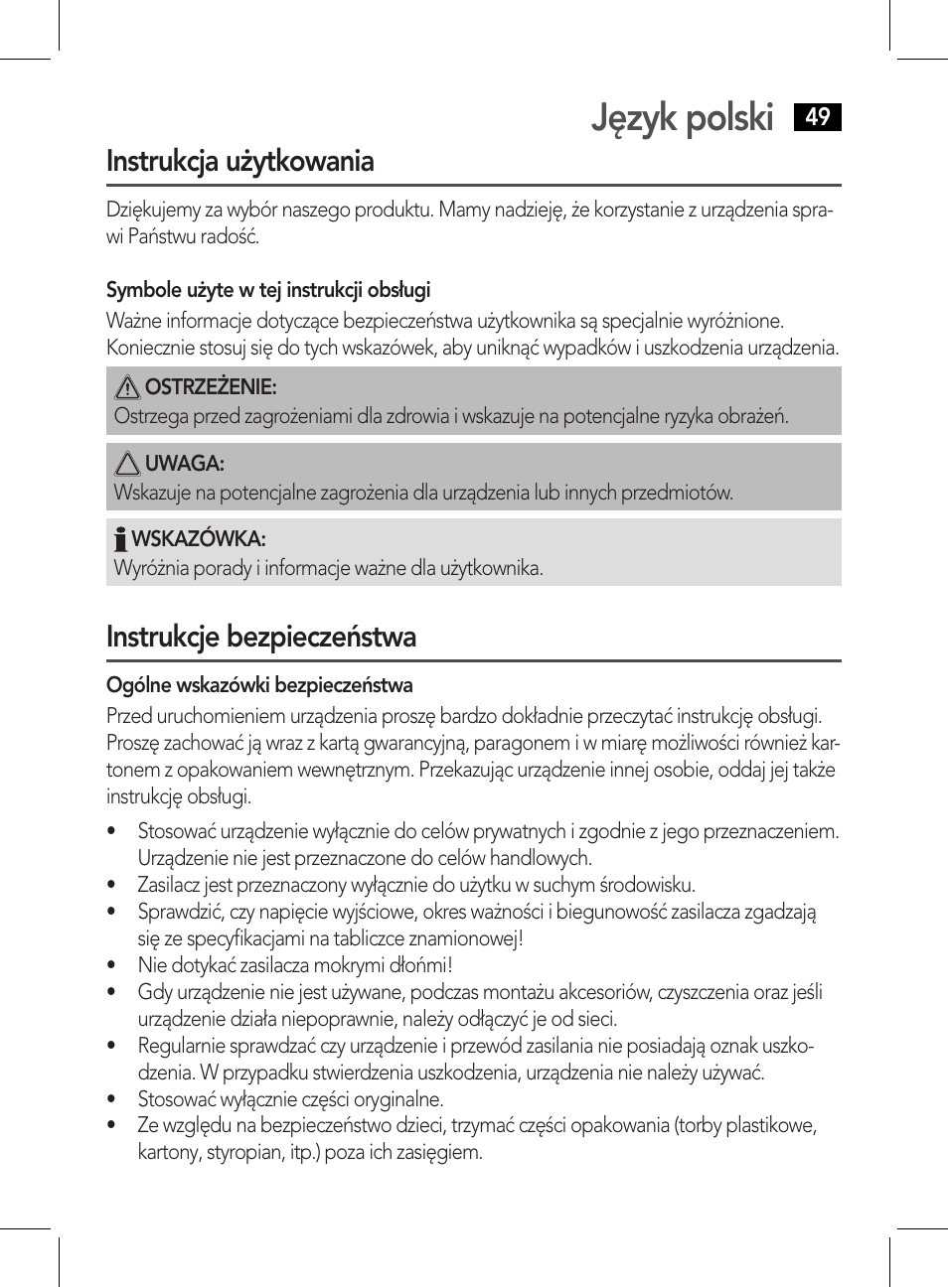 Język polski, Instrukcja użytkowania, Instrukcje bezpieczeństwa | AEG HR 5627 User Manual | Page 49 / 82