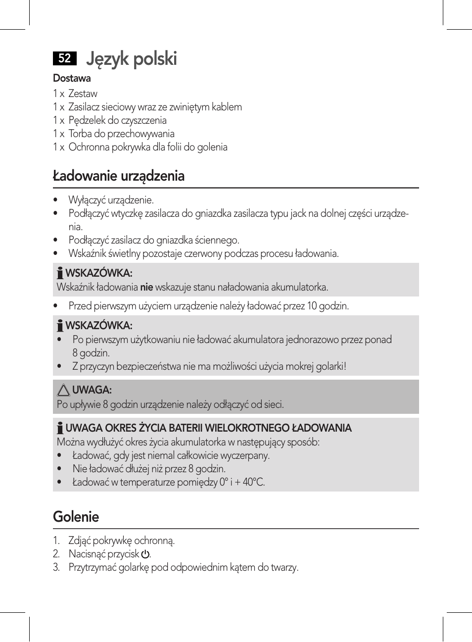Język polski, Ładowanie urządzenia, Golenie | AEG HR 5627 User Manual | Page 52 / 82