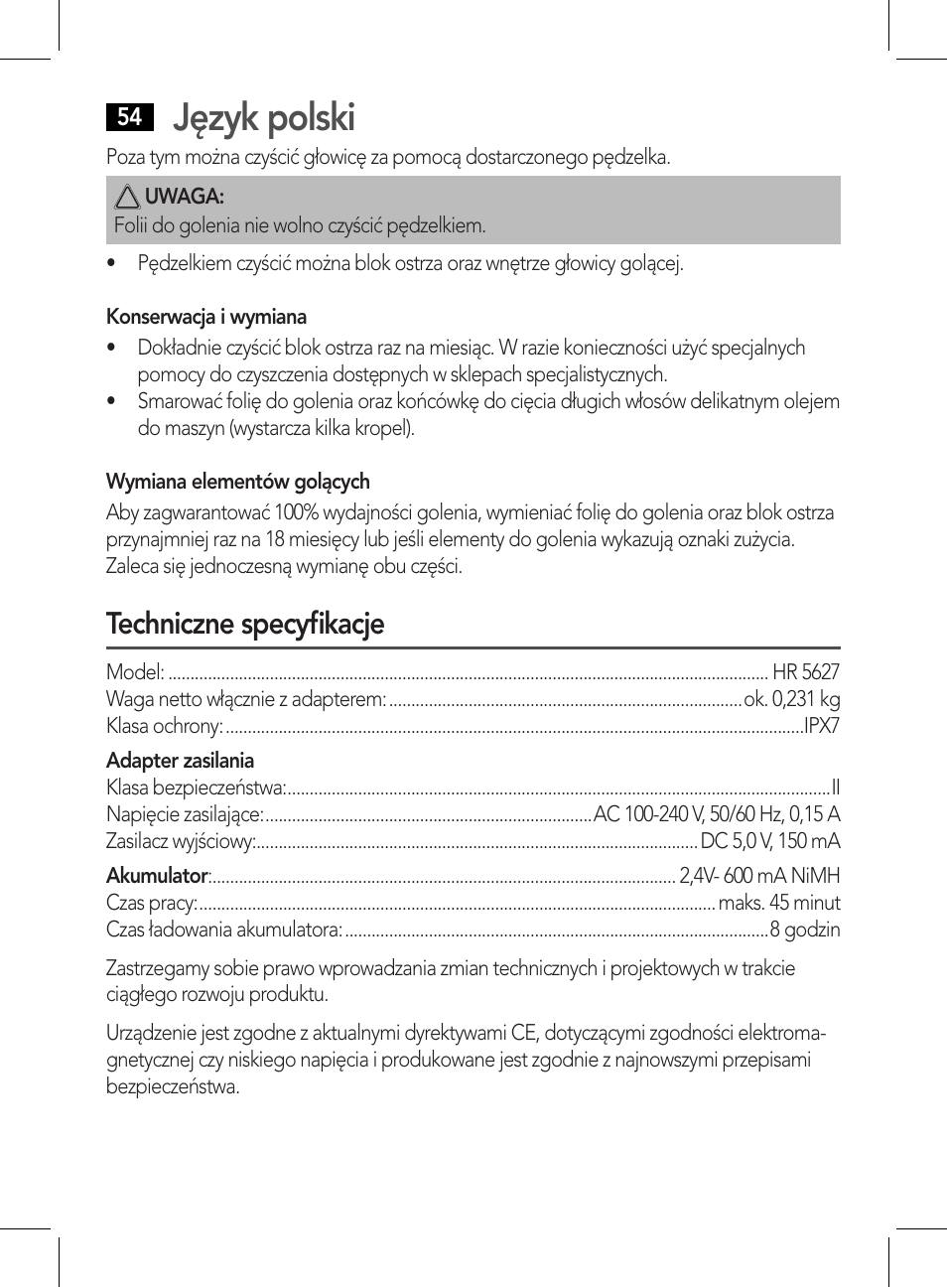 Język polski, Techniczne specyfikacje | AEG HR 5627 User Manual | Page 54 / 82