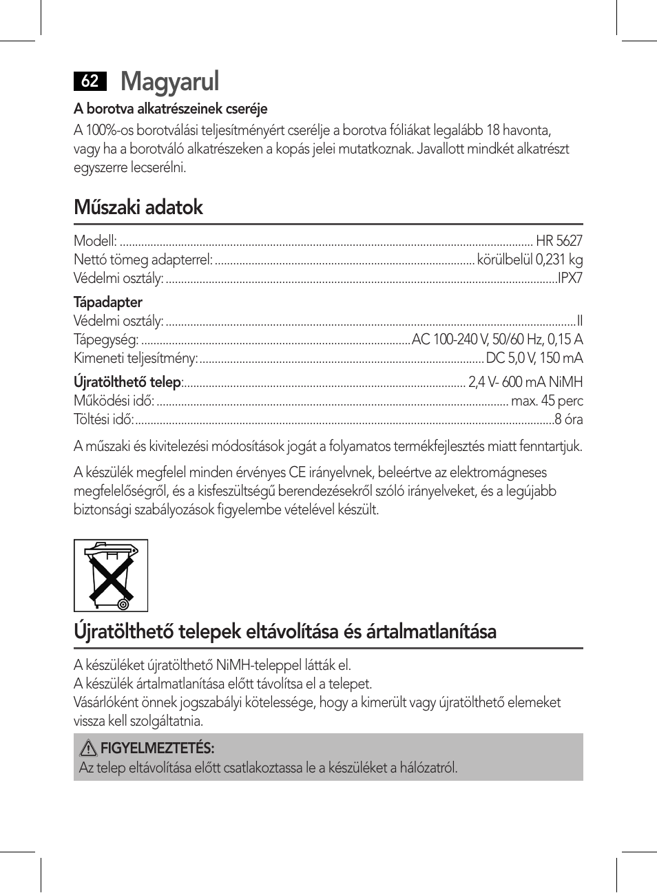 Magyarul, Műszaki adatok | AEG HR 5627 User Manual | Page 62 / 82