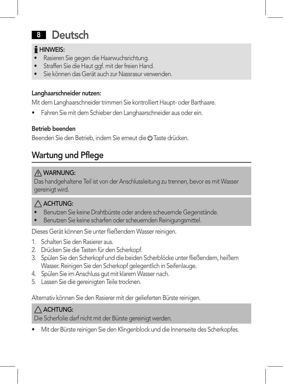 Deutsch, Wartung und pflege | AEG HR 5627 User Manual | Page 8 / 82
