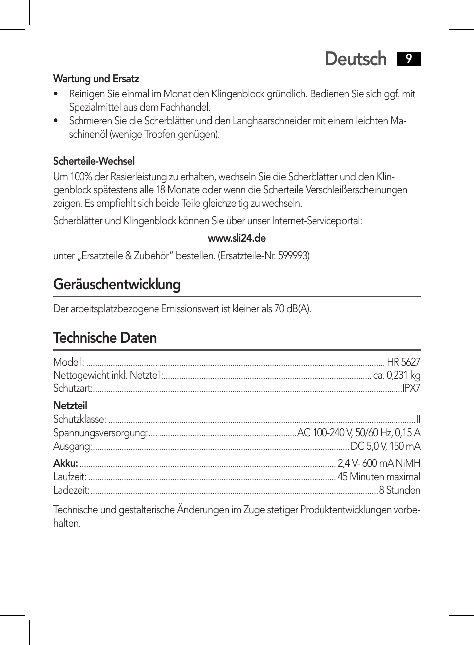 Deutsch, Geräuschentwicklung, Technische daten | AEG HR 5627 User Manual | Page 9 / 82