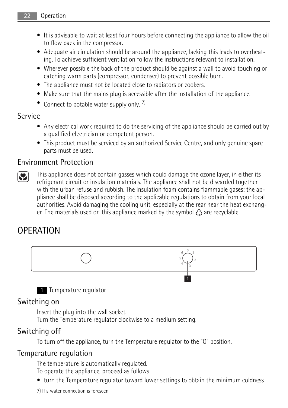 Operation, Service, Environment protection | Switching on, Switching off, Temperature regulation | AEG SKS51200S0 User Manual | Page 22 / 84