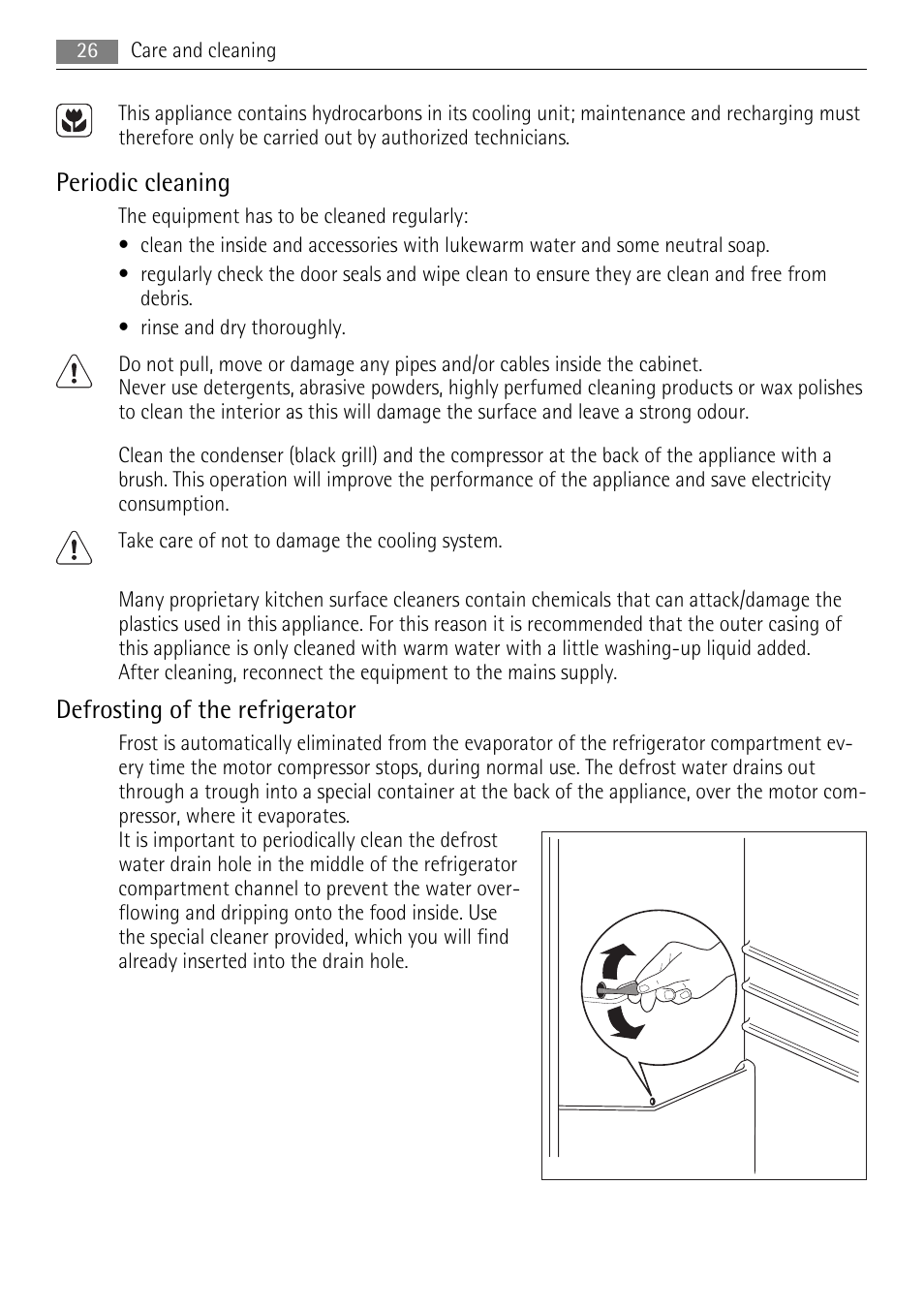 Periodic cleaning, Defrosting of the refrigerator | AEG SKS51200S0 User Manual | Page 26 / 84
