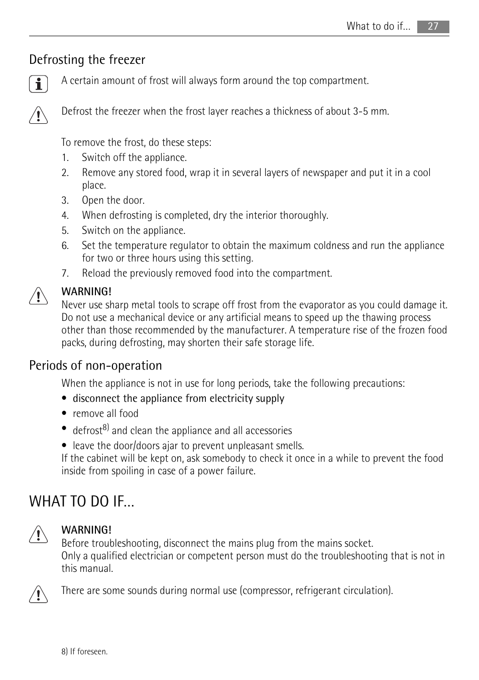 What to do if, Defrosting the freezer, Periods of non-operation | AEG SKS51200S0 User Manual | Page 27 / 84