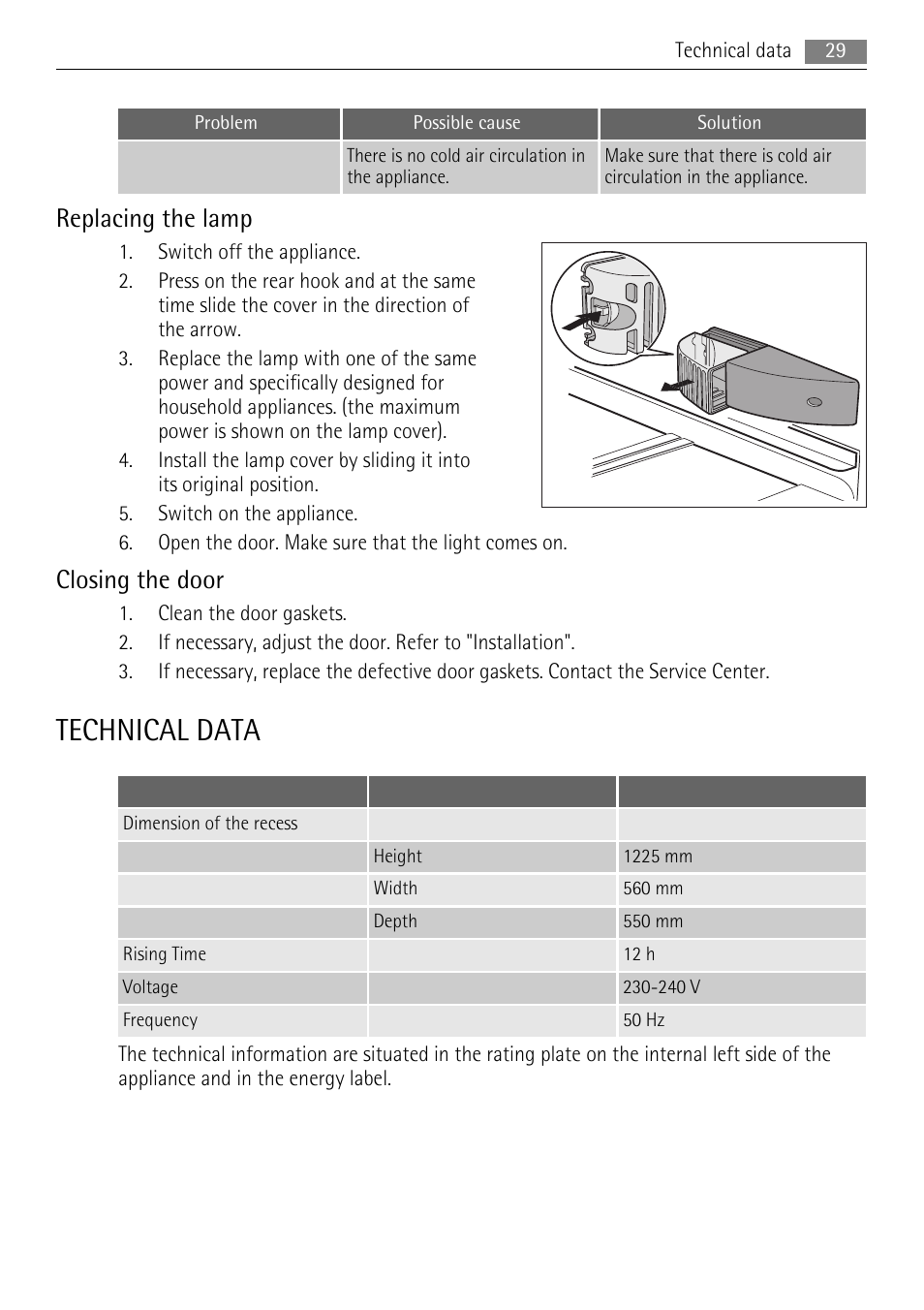 Technical data, Replacing the lamp, Closing the door | AEG SKS51200S0 User Manual | Page 29 / 84