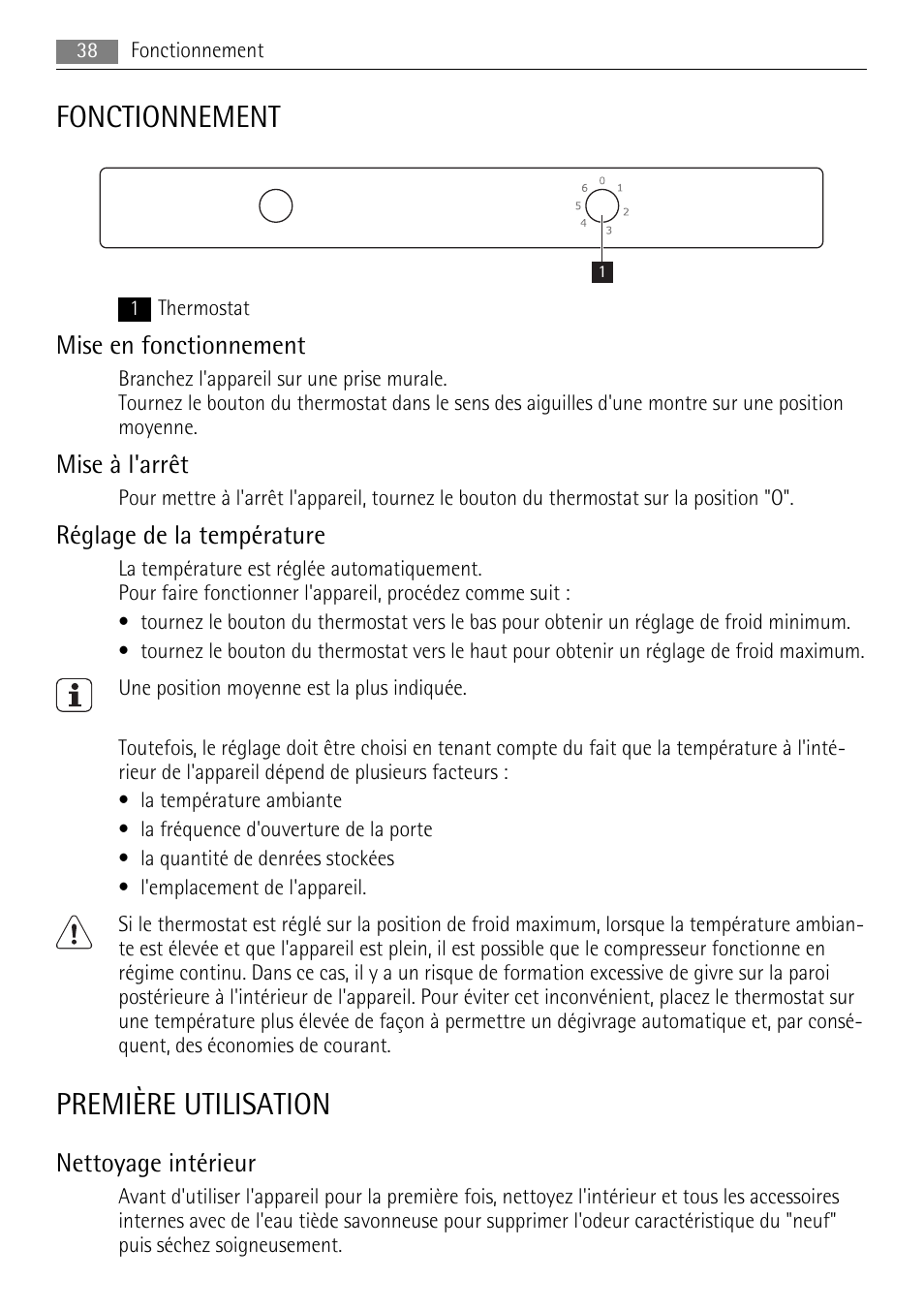 Fonctionnement, Première utilisation, Mise en fonctionnement | Mise à l'arrêt, Réglage de la température, Nettoyage intérieur | AEG SKS51200S0 User Manual | Page 38 / 84