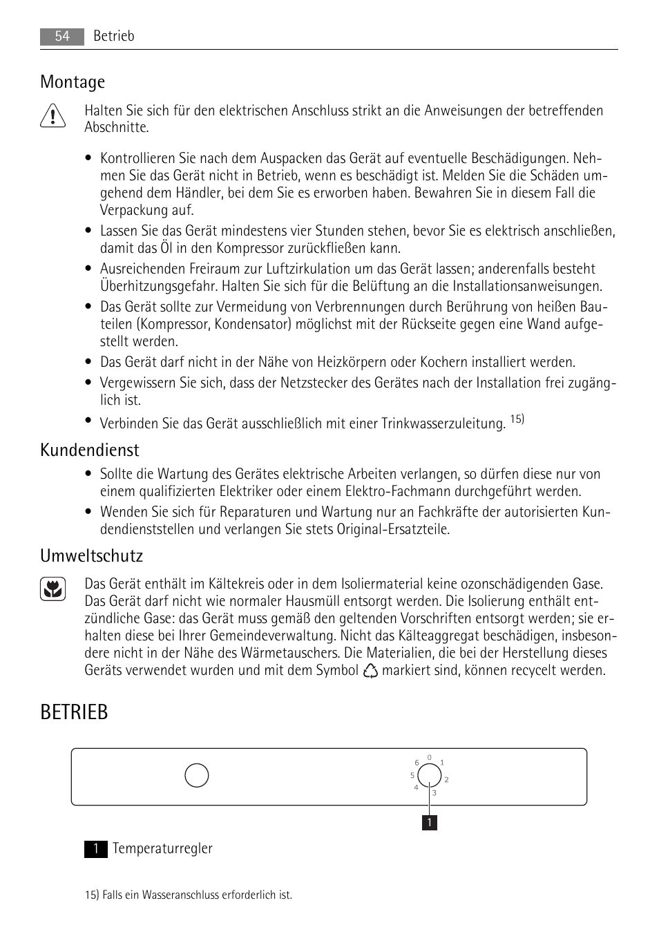 Betrieb, Montage, Kundendienst | Umweltschutz | AEG SKS51200S0 User Manual | Page 54 / 84