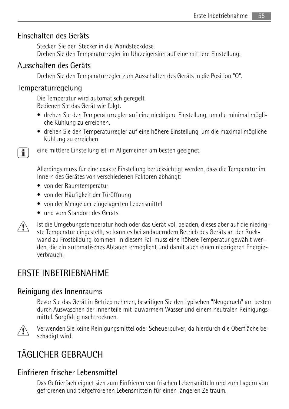 Erste inbetriebnahme, Täglicher gebrauch, Einschalten des geräts | Ausschalten des geräts, Temperaturregelung, Reinigung des innenraums, Einfrieren frischer lebensmittel | AEG SKS51200S0 User Manual | Page 55 / 84