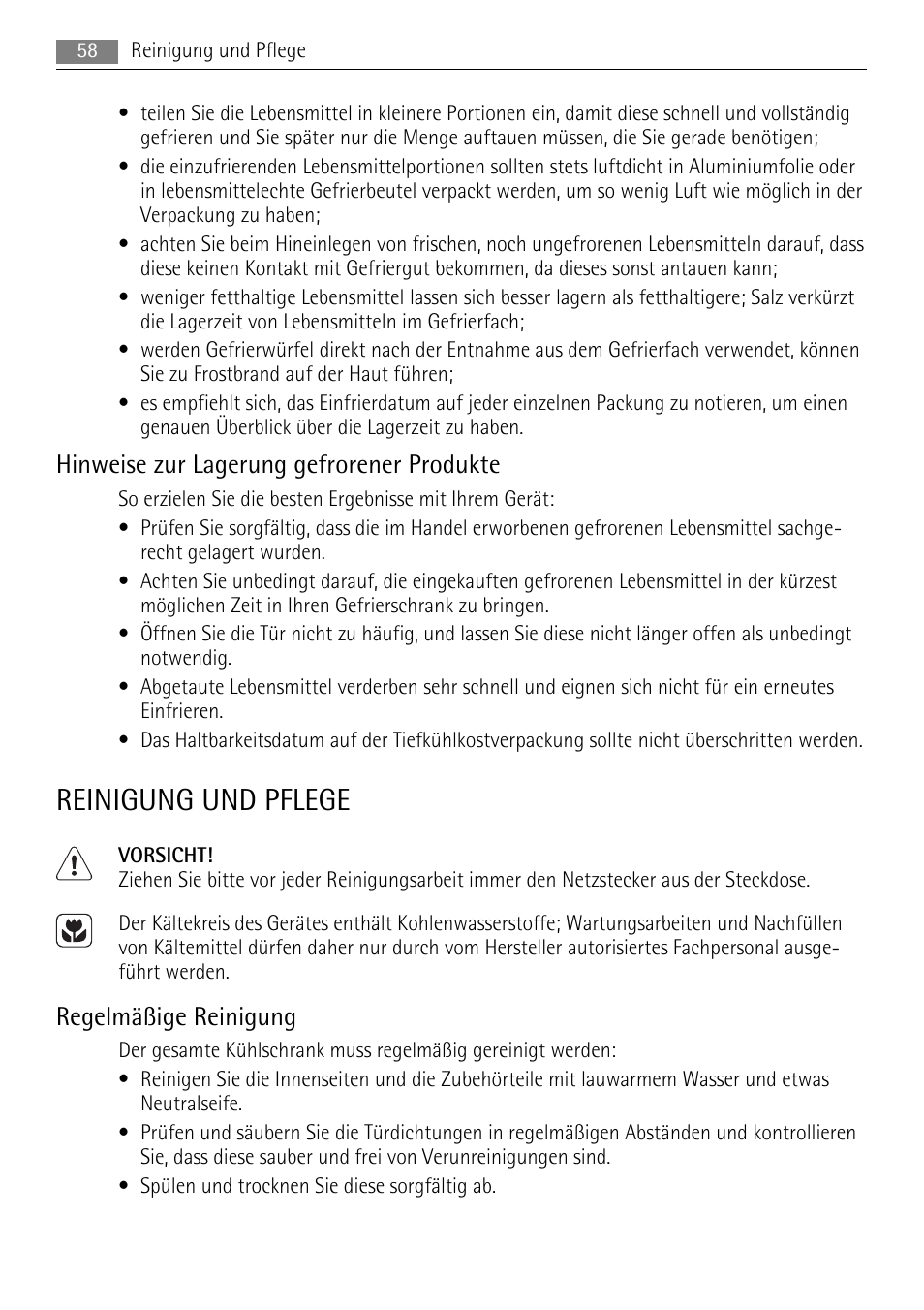 Reinigung und pflege, Hinweise zur lagerung gefrorener produkte, Regelmäßige reinigung | AEG SKS51200S0 User Manual | Page 58 / 84